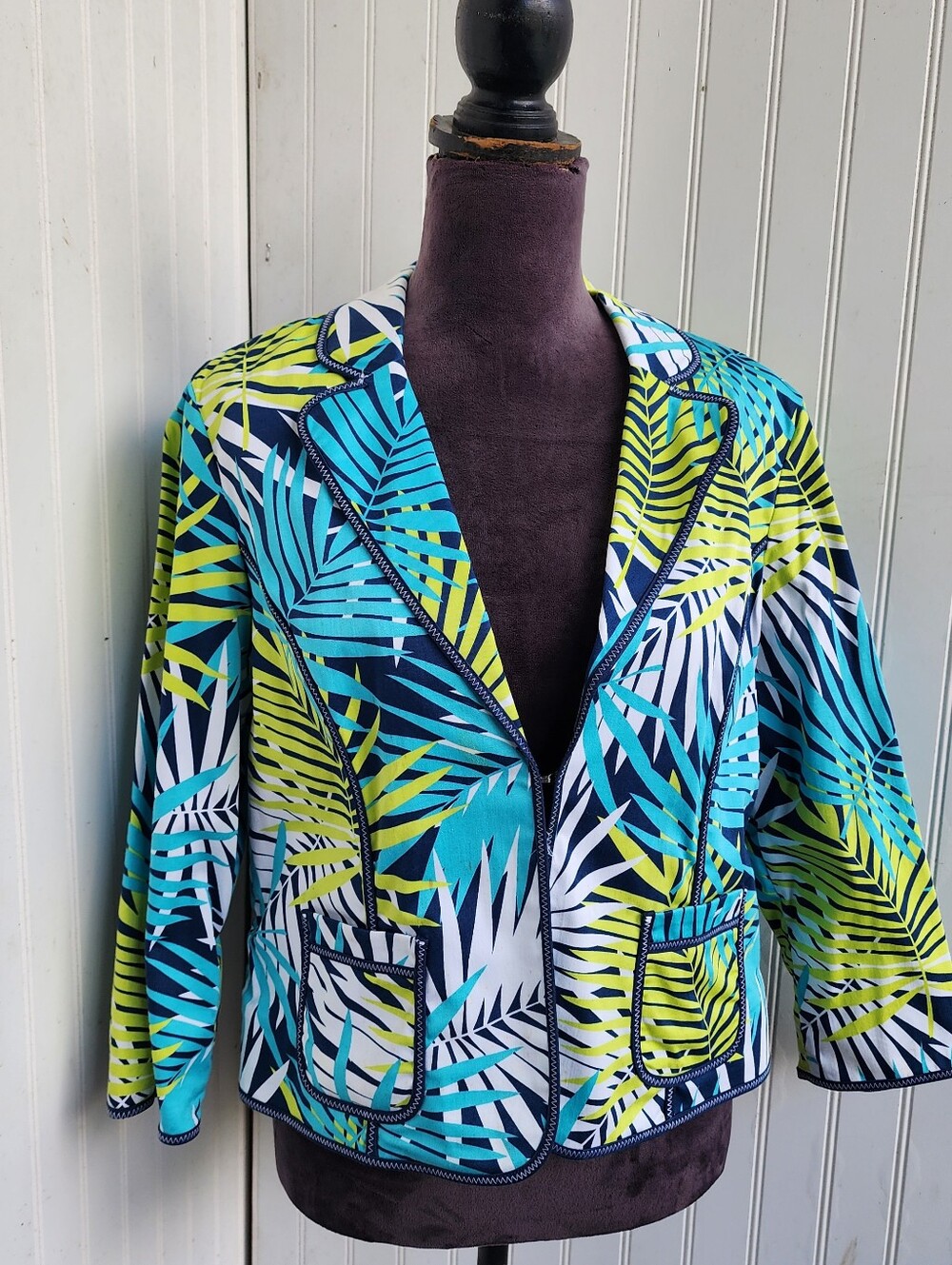 Hearts Of Palm Womens Cotton Blazer Jacket Green Blue Tropical Button Pocket 14